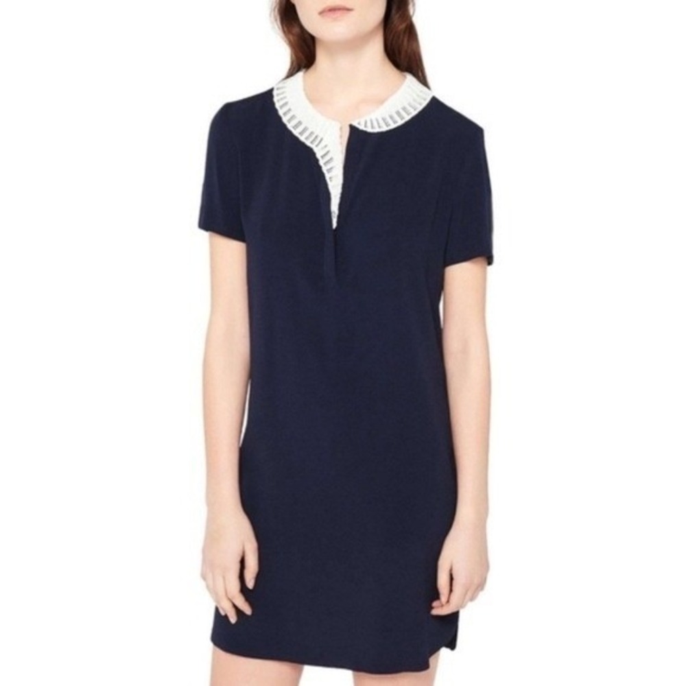 Navy Blue Sandro Ruffle Collar Shift Dress Size 1